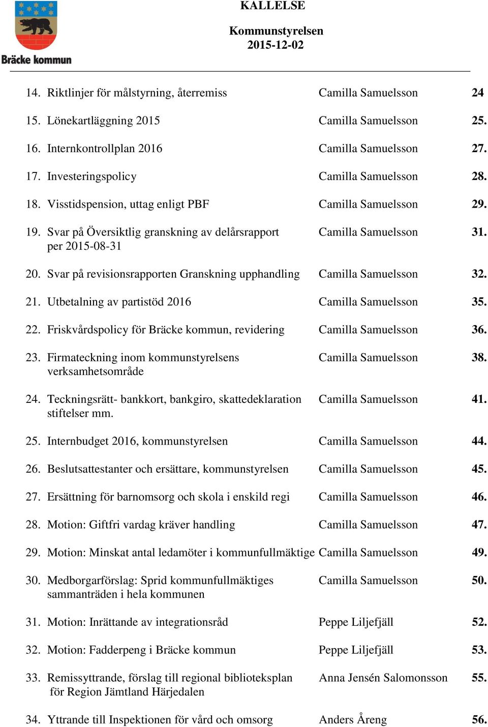 Svar på revisionsrapporten Granskning upphandling Camilla Samuelsson 32. 21. Utbetalning av partistöd 2016 Camilla Samuelsson 35. 22.