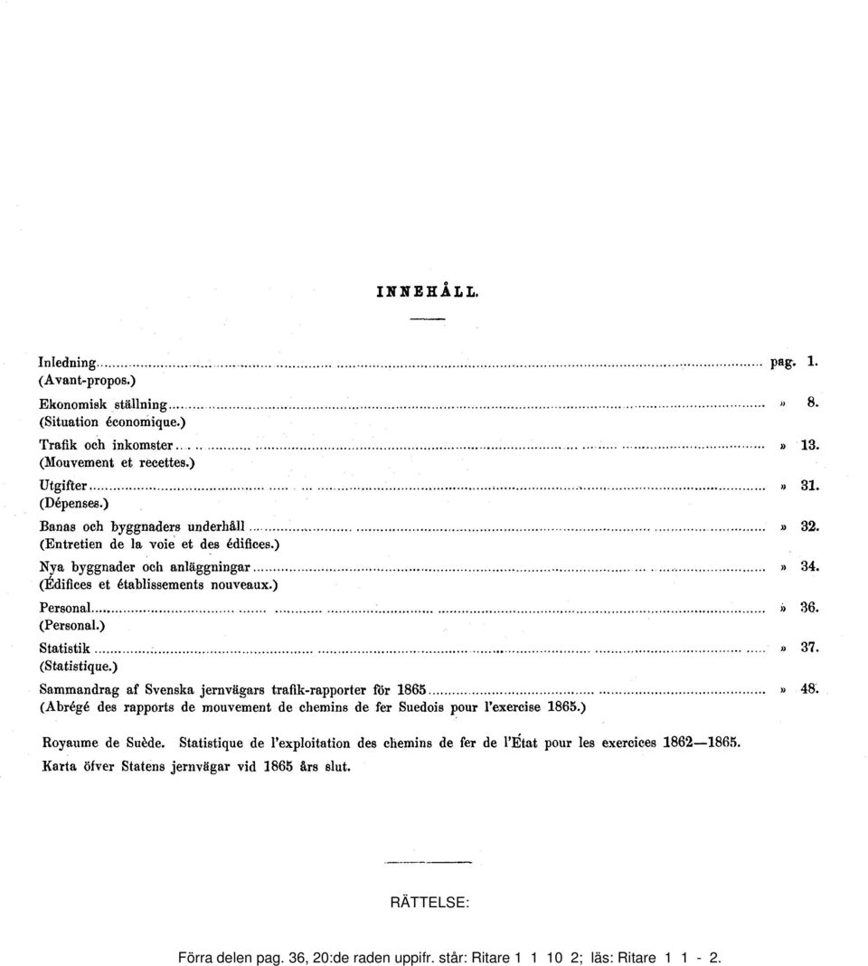 (Personal.) Statistik» 37. (Statistique.) Sammandrag af Svenska jernvägars trafik-rapporter för 1865» 48.