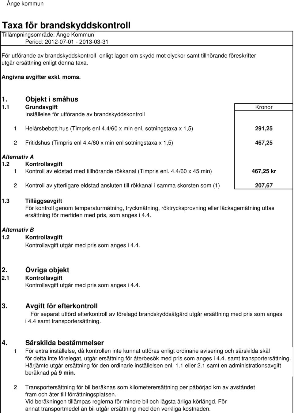 sotningstaxa x 1,5) 291,25 2 Fritidshus (Timpris enl 4.4/60 x min enl sotningstaxa x 1,5) 467,25 Alternativ A 1.2 Kontrollavgift 1 Kontroll av eldstad med tillhörande rökkanal (Timpris enl. 4.4/60 x 45 min) 467,25 kr 2 Kontroll av ytterligare eldstad ansluten till rökkanal i samma skorsten som (1) 207,67 1.