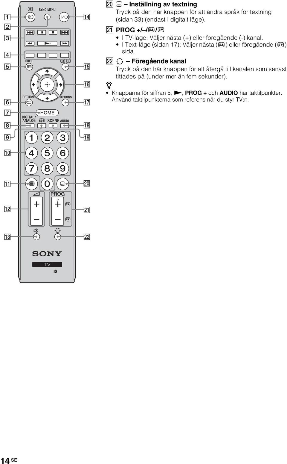 I Text-läge (sidan 17): Väljer nästa ( ) eller föregående ( ) sida.