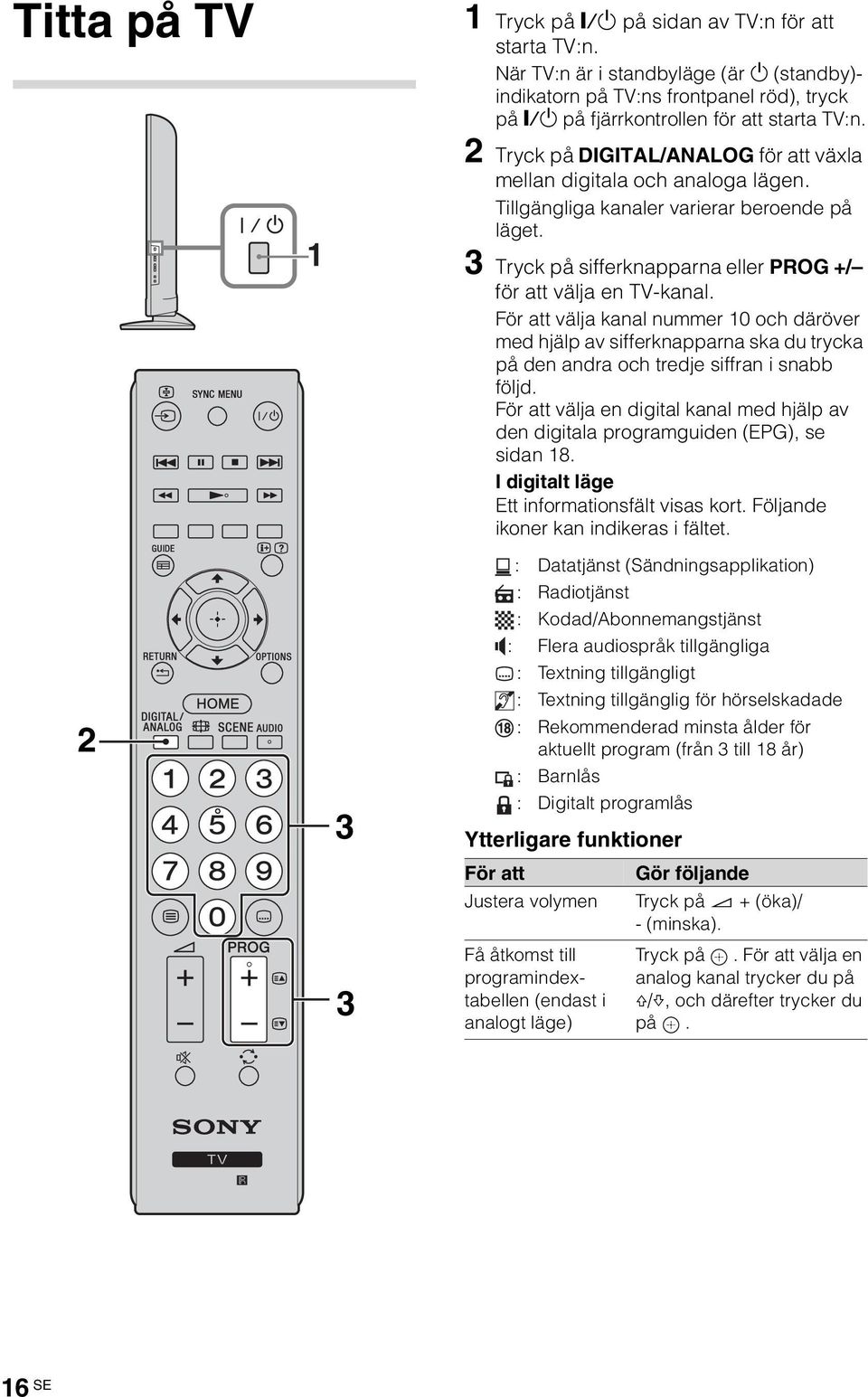 2 Tryck på DIGITAL/ANALOG för att växla mellan digitala och analoga lägen. Tillgängliga kanaler varierar beroende på läget. 3 Tryck på sifferknapparna eller PROG +/ för att välja en TV-kanal.