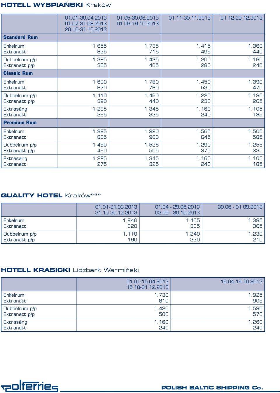 295 275 1.920 900 1.525 505 1.345 325 1.565 645 1. 1.160 1.505 585 1.255 335 1.105 185 QUALITY HOTEL Kraków*** p/p 31.10-30.12.2013 1. 320 1.110 190 01.04-29.06.2013 02.09-30.10.2013 1. 385 1.