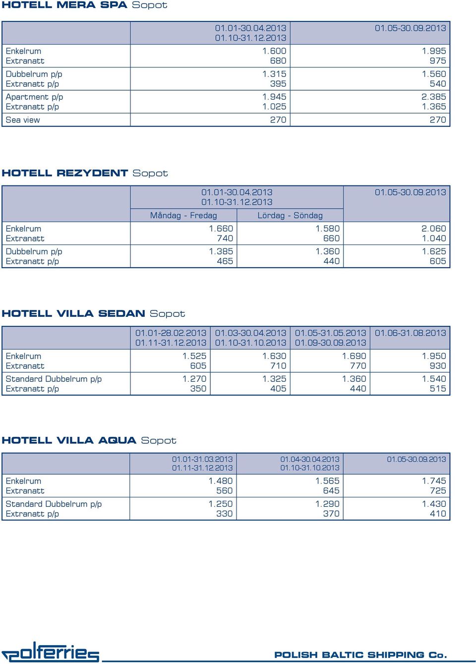 625 HOTELL VILLA SEDAN Sopot Standard p/p 01.01-28.02.2013 01.11-31.12.2013 1.525 1.270 350 01.03-30.04.2013 01.10-31.10.2013 1.630 710 1.325 01.