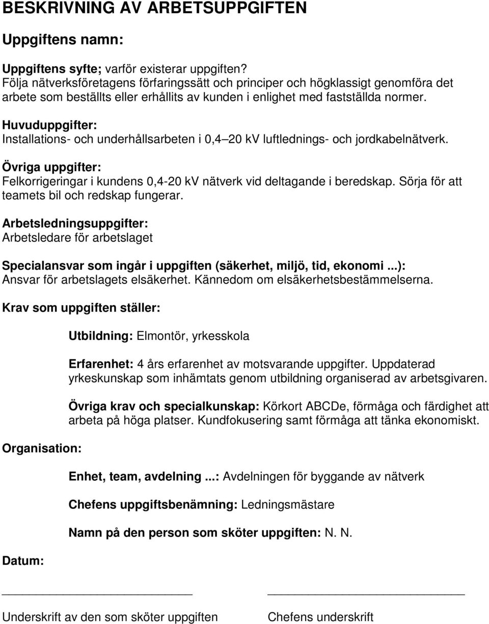 Huvuduppgifter: Installations- och underhållsarbeten i 0,4 0 kv luftlednings- och jordkabelnätverk. Övriga uppgifter: Felkorrigeringar i kundens 0,4-0 kv nätverk vid deltagande i beredskap.