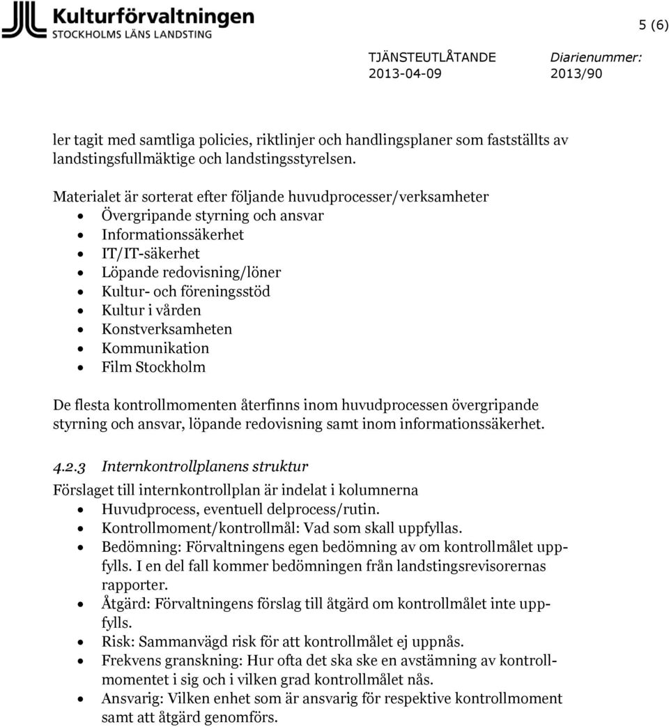 vården Konstverksamheten Kommunikation Film Stockholm De flesta kontrollmomenten återfinns inom huvudprocessen övergripande styrning och ansvar, löpande redovisning samt inom informationssäkerhet. 4.