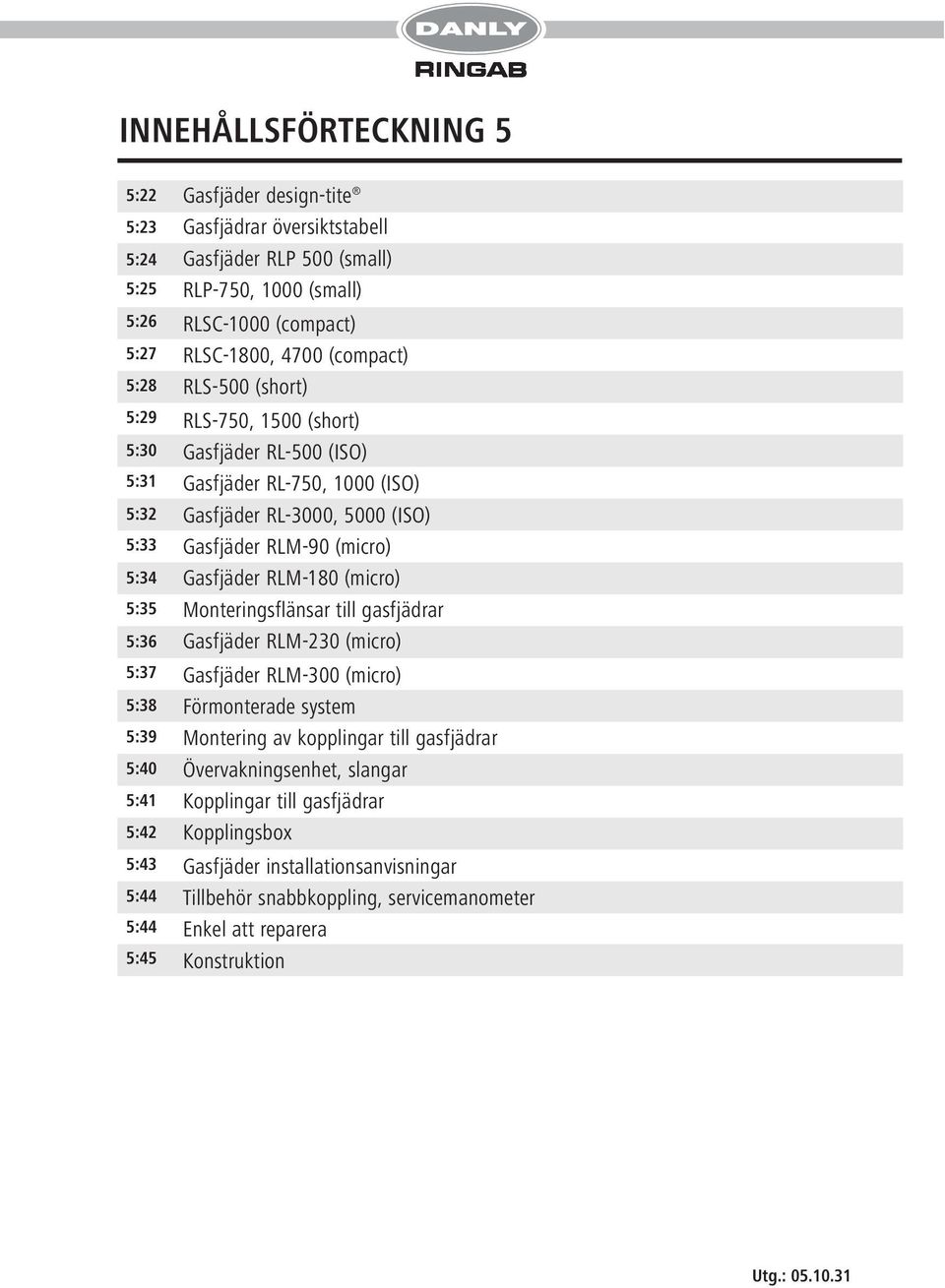 (ISO) Gasfjäder RL-3000, 5000 (ISO) Gasfjäder RLM-90 (micro) Gasfjäder RLM-180 (micro) Monteringsflänsar till gasfjädrar Gasfjäder RLM-230 (micro) Gasfjäder RLM-300 (micro) Förmonterade system