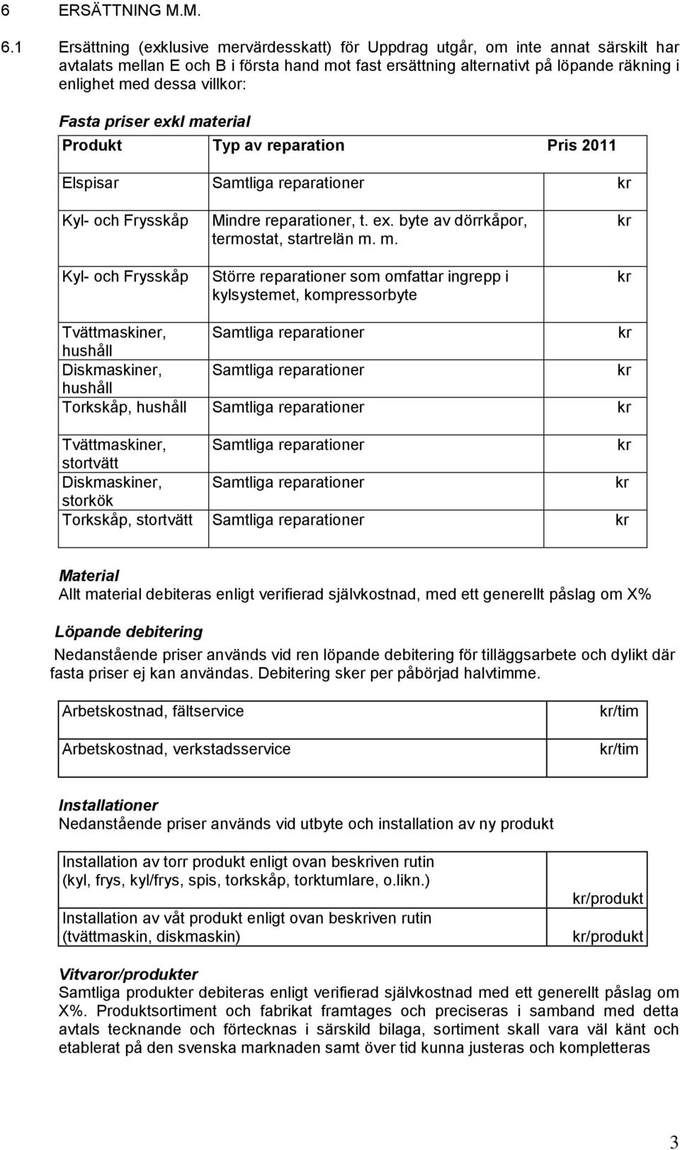 villkor: Fasta priser exkl material Produkt Typ av reparation Pris 2011 Elspisar Samtliga reparationer Kyl- och Frysskåp Kyl- och Frysskåp Mindre reparationer, t. ex. byte av dörrkåpor, termostat, startrelän m.