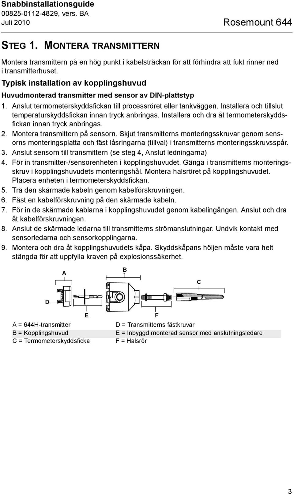 Installera och tillslut temperaturskyddsfickan innan tryck anbringas. Installera och dra åt termometerskyddsfickan innan tryck anbringas. 2. Montera transmittern på sensorn.