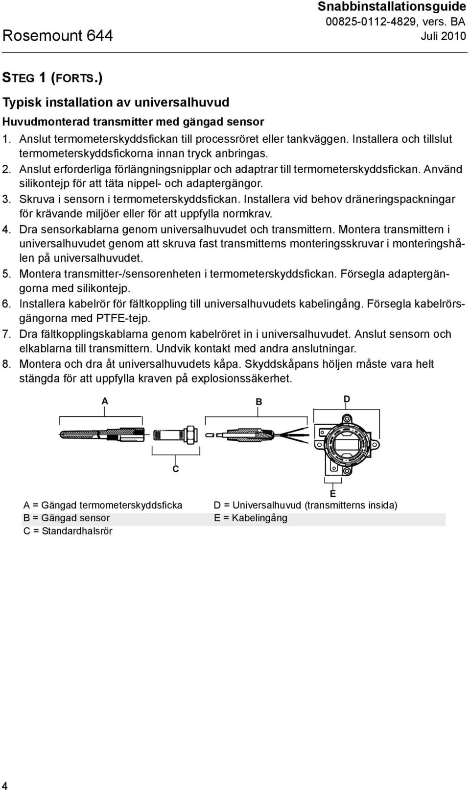 Anslut erforderliga förlängningsnipplar och adaptrar till termometerskyddsfickan. Använd silikontejp för att täta nippel- och adaptergängor. 3. Skruva i sensorn i termometerskyddsfickan.