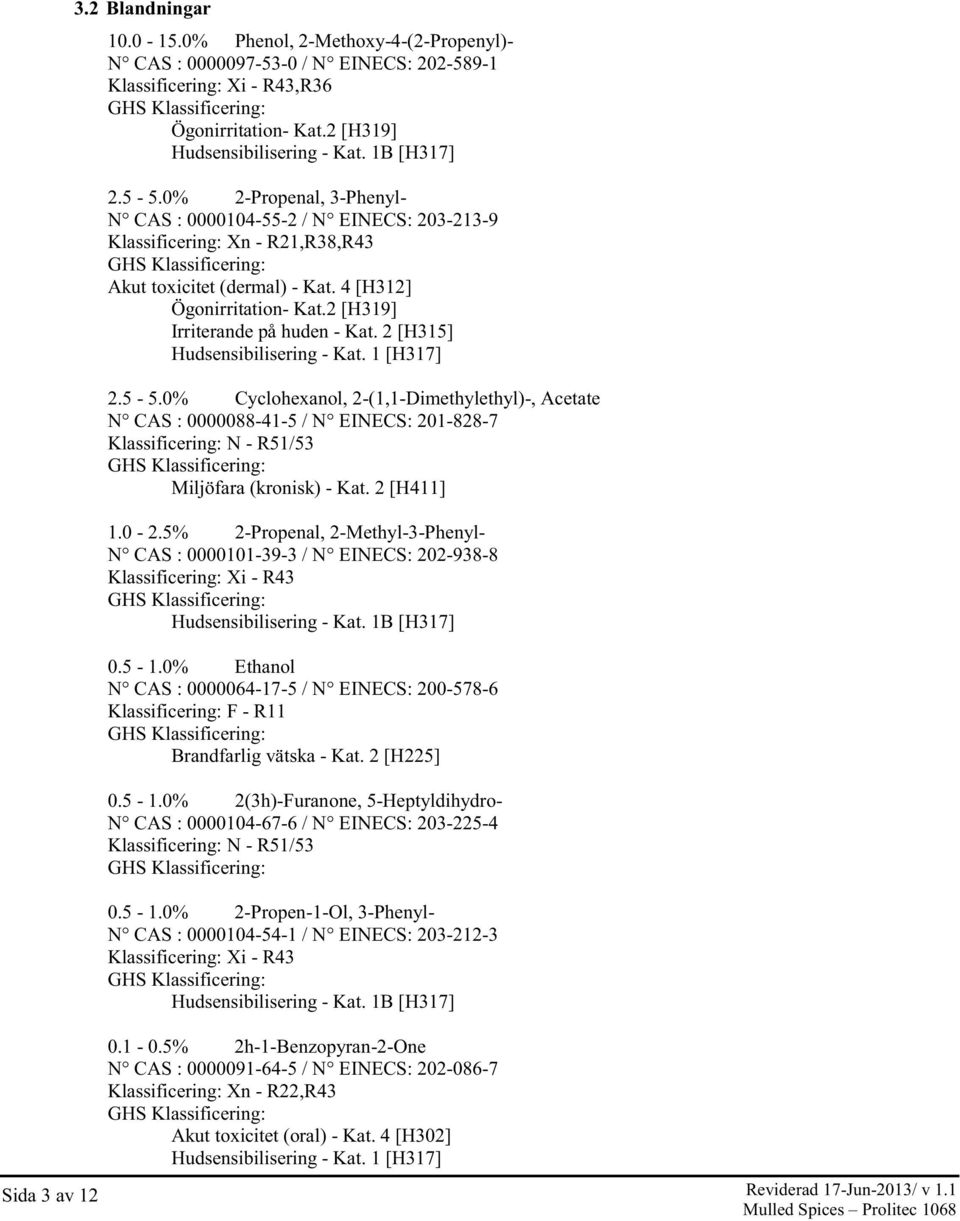 2 [H319] Irriterande på huden - Kat. 2 [H315] Hudsensibilisering - Kat. 1 [H317] 2.5-5.