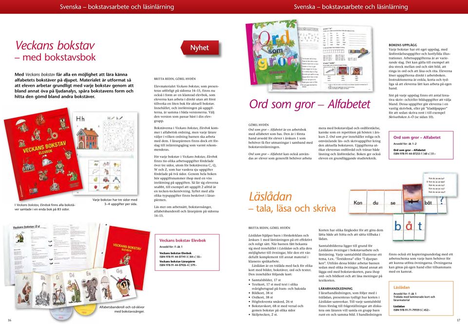 Materialet är utformat så att eleven arbetar grundligt med varje bokstav genom att bland annat öva på ljudanalys, spåra bokstavens form och hitta den gömd bland andra bokstäver.