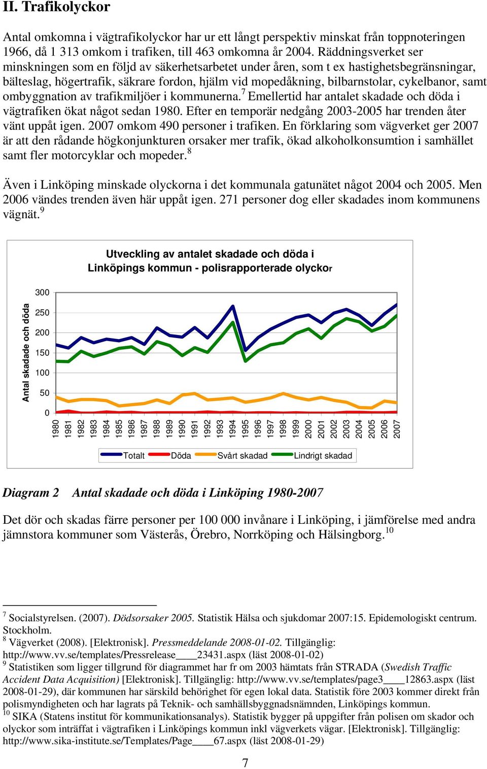 cykelbanor, samt ombyggnation av trafikmiljöer i kommunerna. 7 Emellertid har antalet skadade och döda i vägtrafiken ökat något sedan 1980.