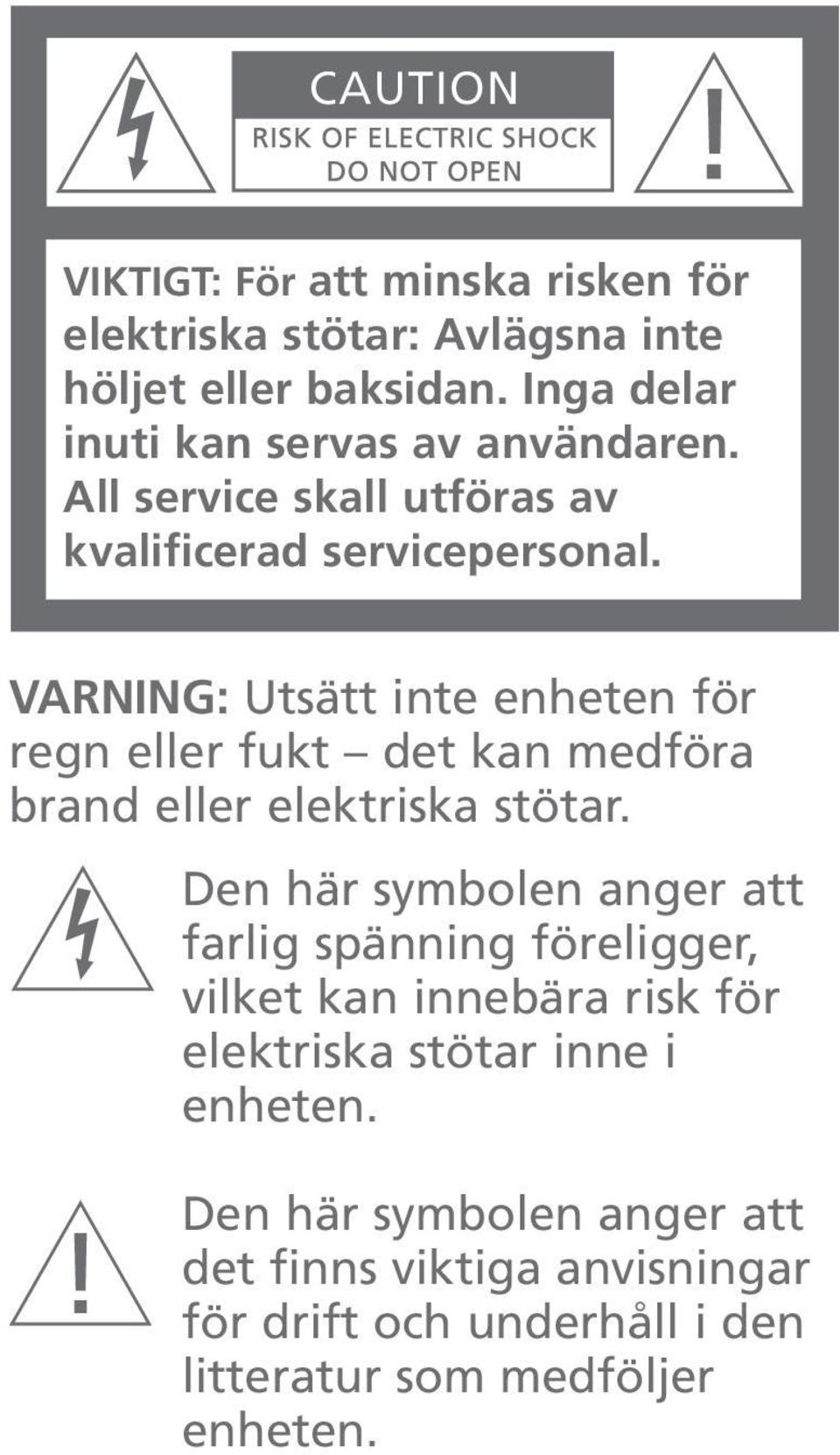 VARNING: Utsätt inte enheten för regn eller fukt det kan medföra brand eller elektriska stötar.