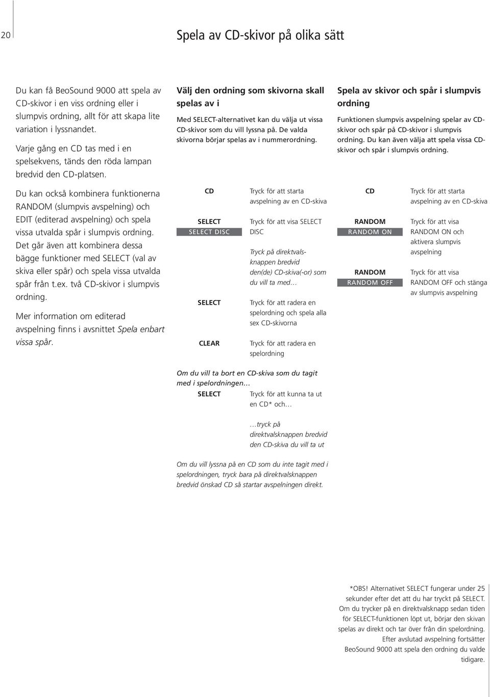 Välj den ordning som skivorna skall spelas av i Med SELECT-alternativet kan du välja ut vissa CD-skivor som du vill lyssna på. De valda skivorna börjar spelas av i nummerordning.