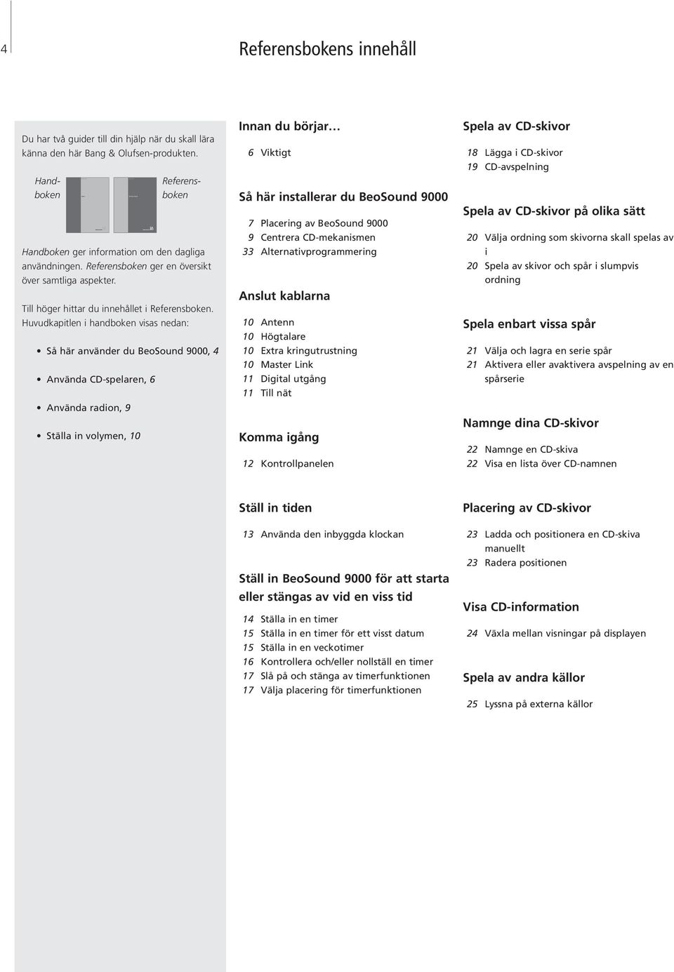Huvudkapitlen i handboken visas nedan: Så här använder du BeoSound 9000, 4 Använda CD-spelaren, 6 Använda radion, 9 Ställa in volymen, 10 Innan du börjar 6 Viktigt Så här installerar du BeoSound 9000
