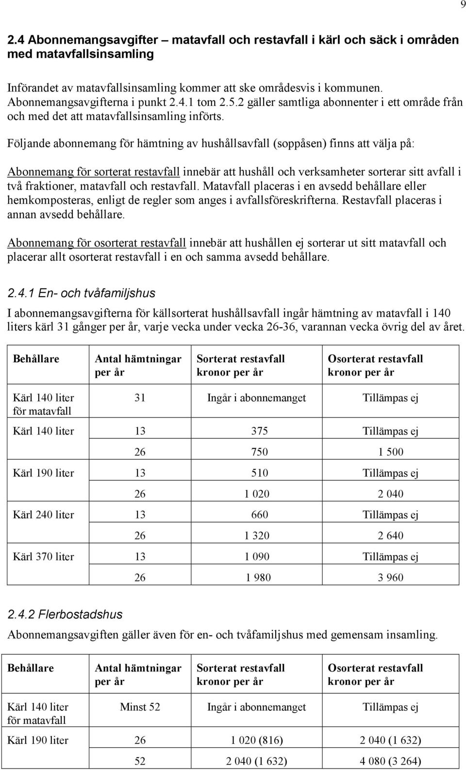 Följande abonnemang för hämtning av hushållsavfall (soppåsen) finns att välja på: Abonnemang för sorterat restavfall innebär att hushåll och verksamheter sorterar sitt avfall i två fraktioner,