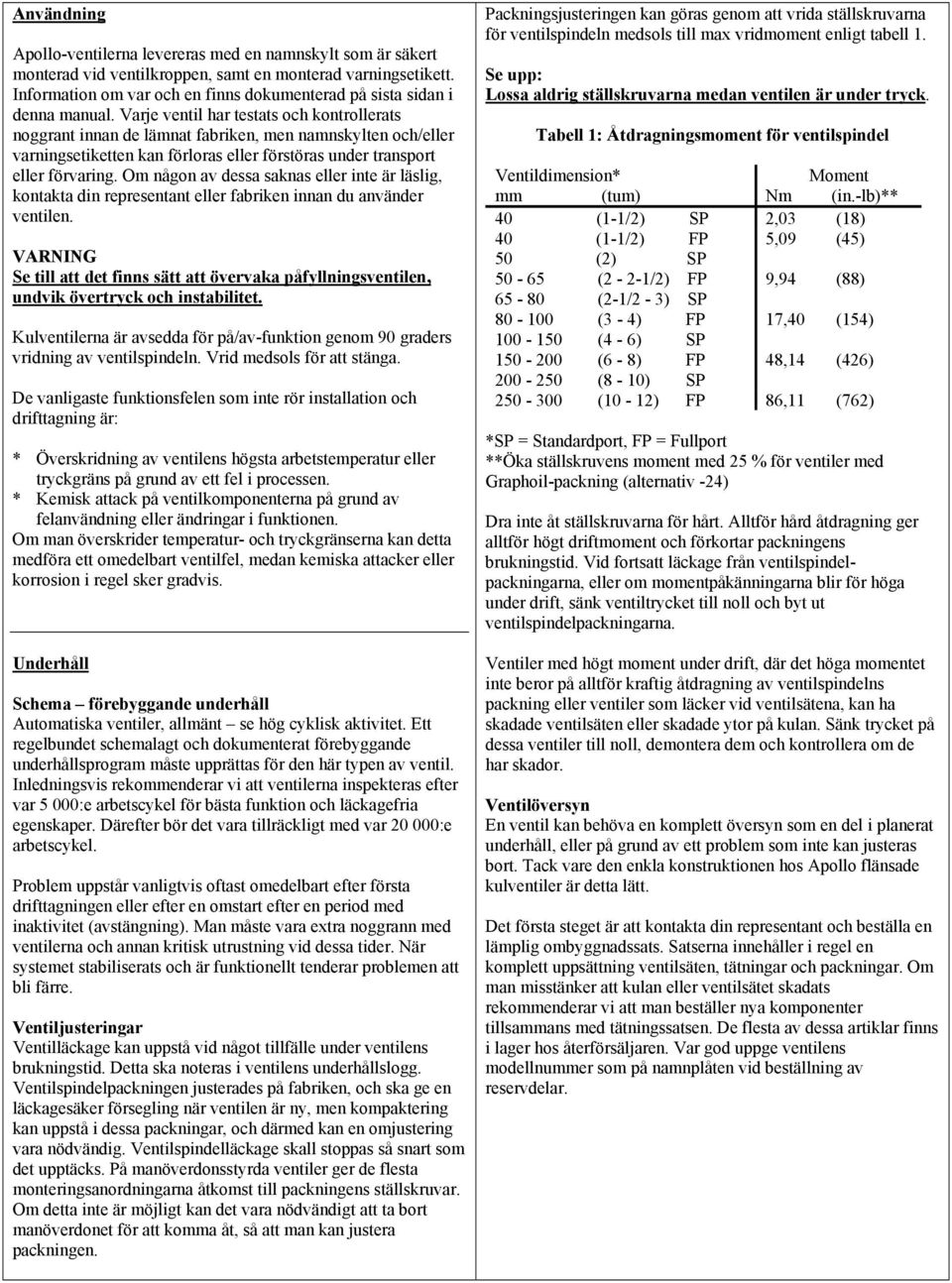 Varje ventil har testats och kontrollerats noggrant innan de lämnat fabriken, men namnskylten och/eller varningsetiketten kan förloras eller förstöras under transport eller förvaring.