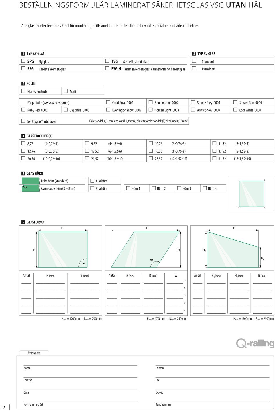 1 TYP AV GLAS 2 SPG Flytglas TVG Värmeförstärkt glas ESG ärdat säkerhetsglas ESG- ärdat säkerhetsglas, värmeförstärkt härdat glas TYP AV GLAS Standard Extra klart FOLIE Klar (standard) Matt Färgat