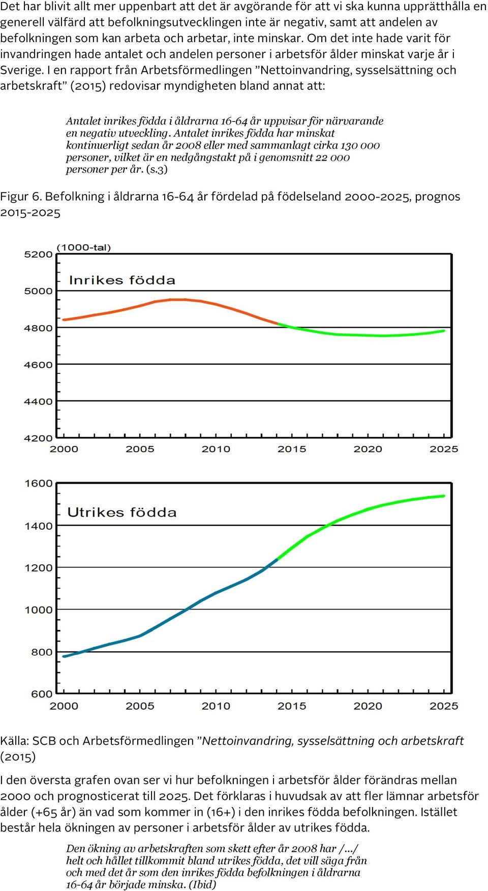 I en rapport från Arbetsförmedlingen Nettoinvandring, sysselsättning och arbetskraft (2015) redovisar myndigheten bland annat att: Antalet inrikes födda i åldrarna 16-64 år uppvisar för närvarande en