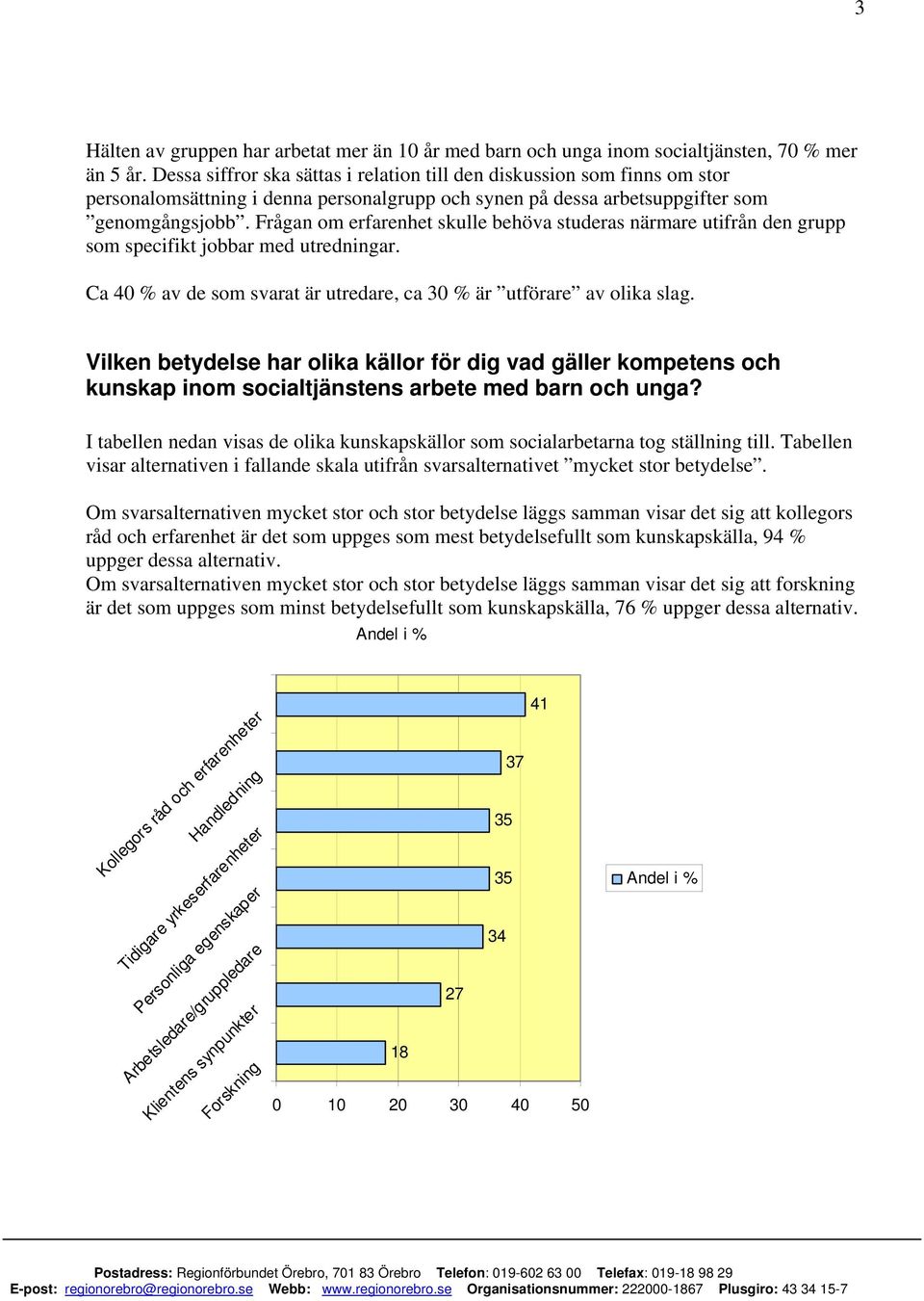 Frågan om erfarenhet skulle behöva studeras närmare utifrån den grupp som specifikt jobbar med utredningar. Ca 40 % av de som svarat är utredare, ca 30 % är utförare av olika slag.