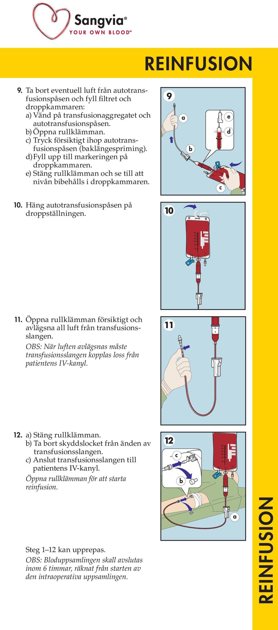 Häng autotransfusionspåsen på droppställningen. 11. Öppna rullklämman försiktigt och avlägsna all luft från transfusionsslangen.