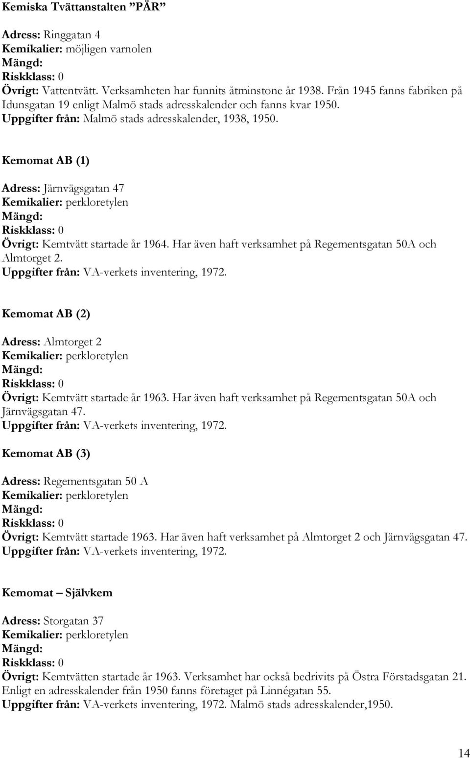 Kemomat AB (1) Adress: Järnvägsgatan 47 Övrigt: Kemtvätt startade år 1964. Har även haft verksamhet på Regementsgatan 50A och Almtorget 2. Uppgifter från: VA-verkets inventering, 1972.