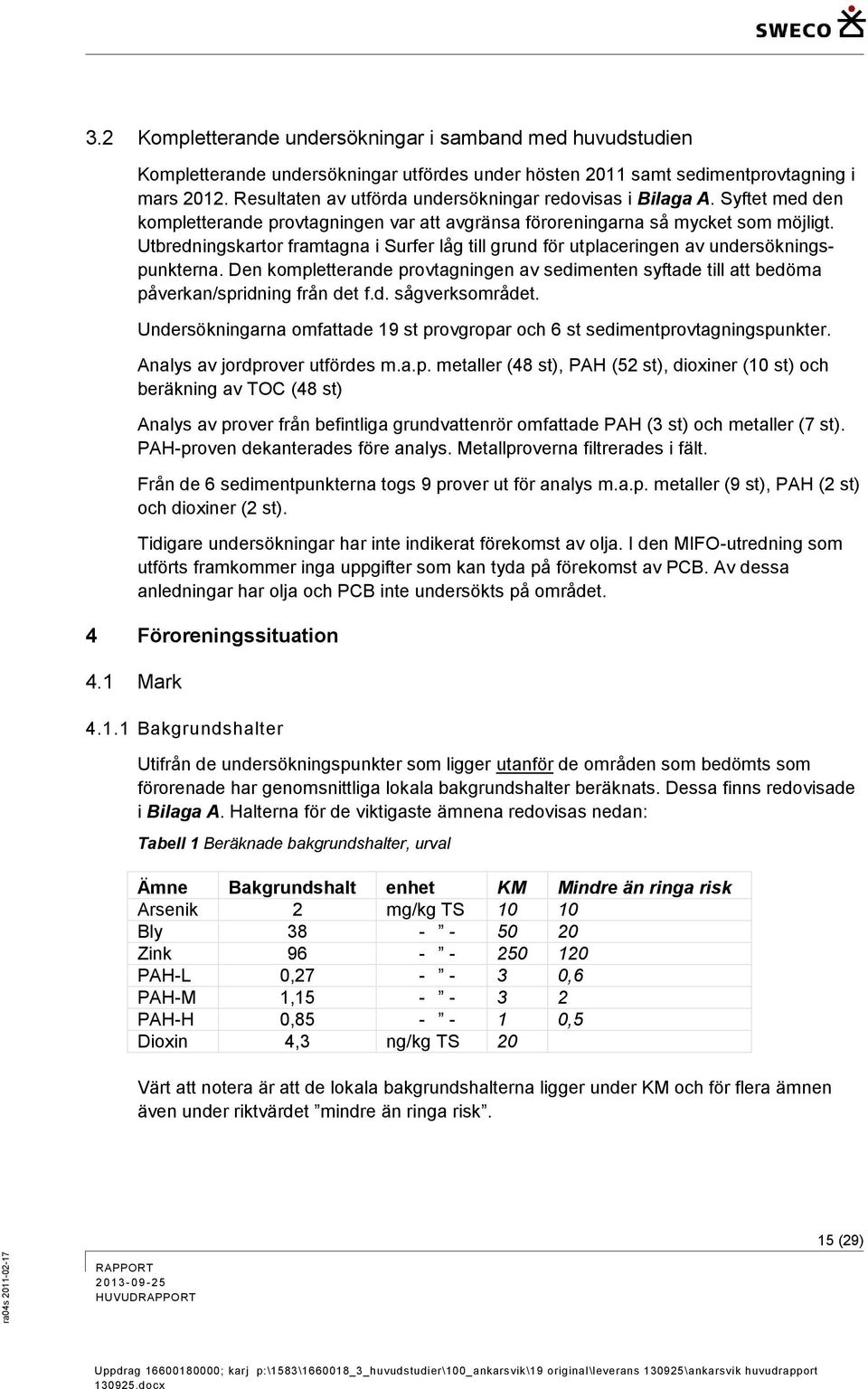 Utbredningskartor framtagna i Surfer låg till grund för utplaceringen av undersökningspunkterna. Den kompletterande provtagningen av sedimenten syftade till att bedöma påverkan/spridning från det f.d. sågverksområdet.