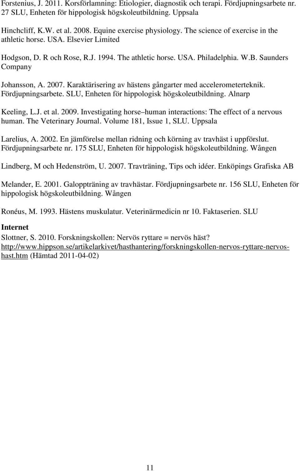 Saunders Company Johansson, A. 2007. Karaktärisering av hästens gångarter med accelerometerteknik. Fördjupningsarbete. SLU, Enheten för hippologisk högskoleutbildning. Alnarp Keeling, L.J. et al.