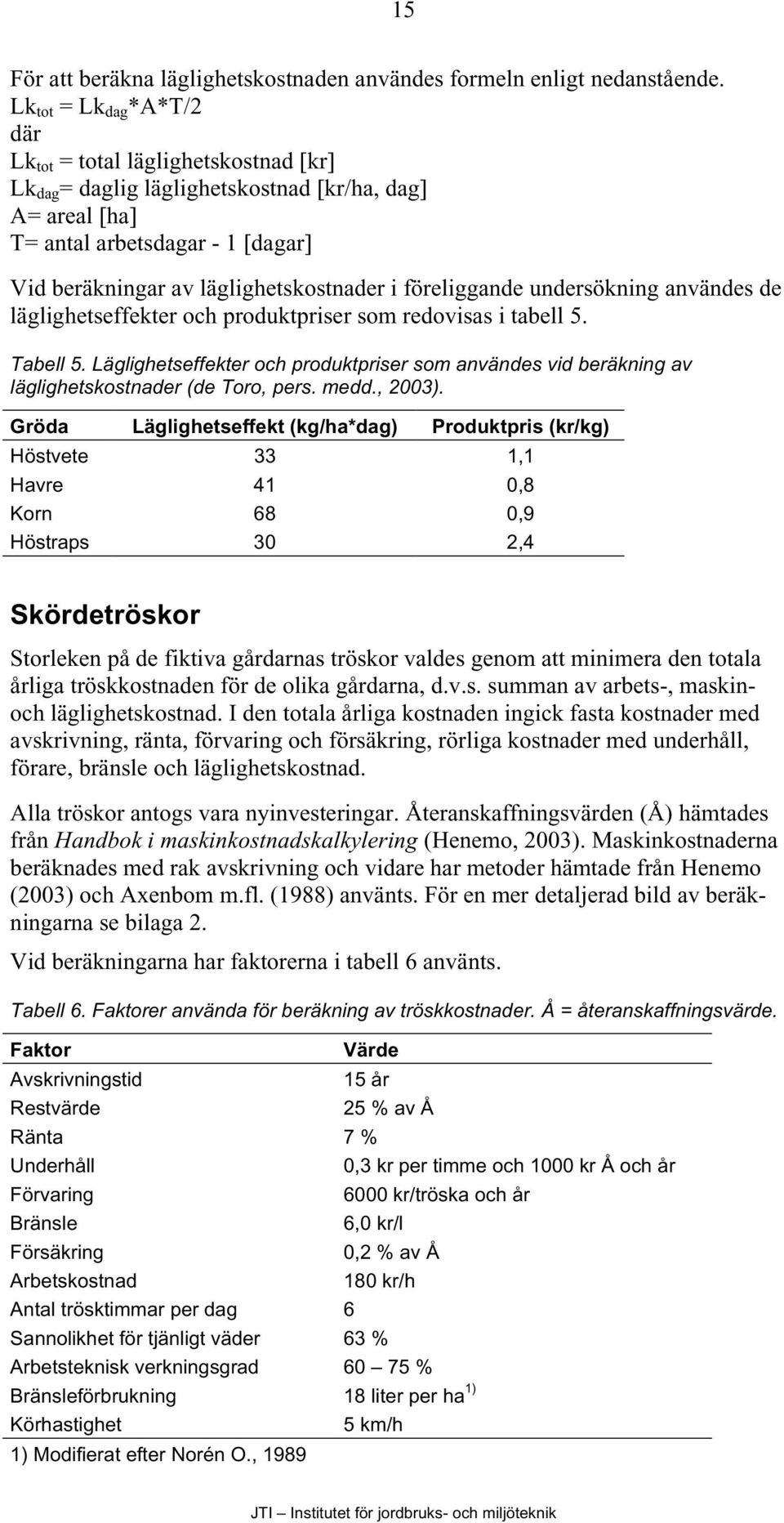 föreliggande undersökning användes de läglighetseffekter och produktpriser som redovisas i tabell 5. Tabell 5.