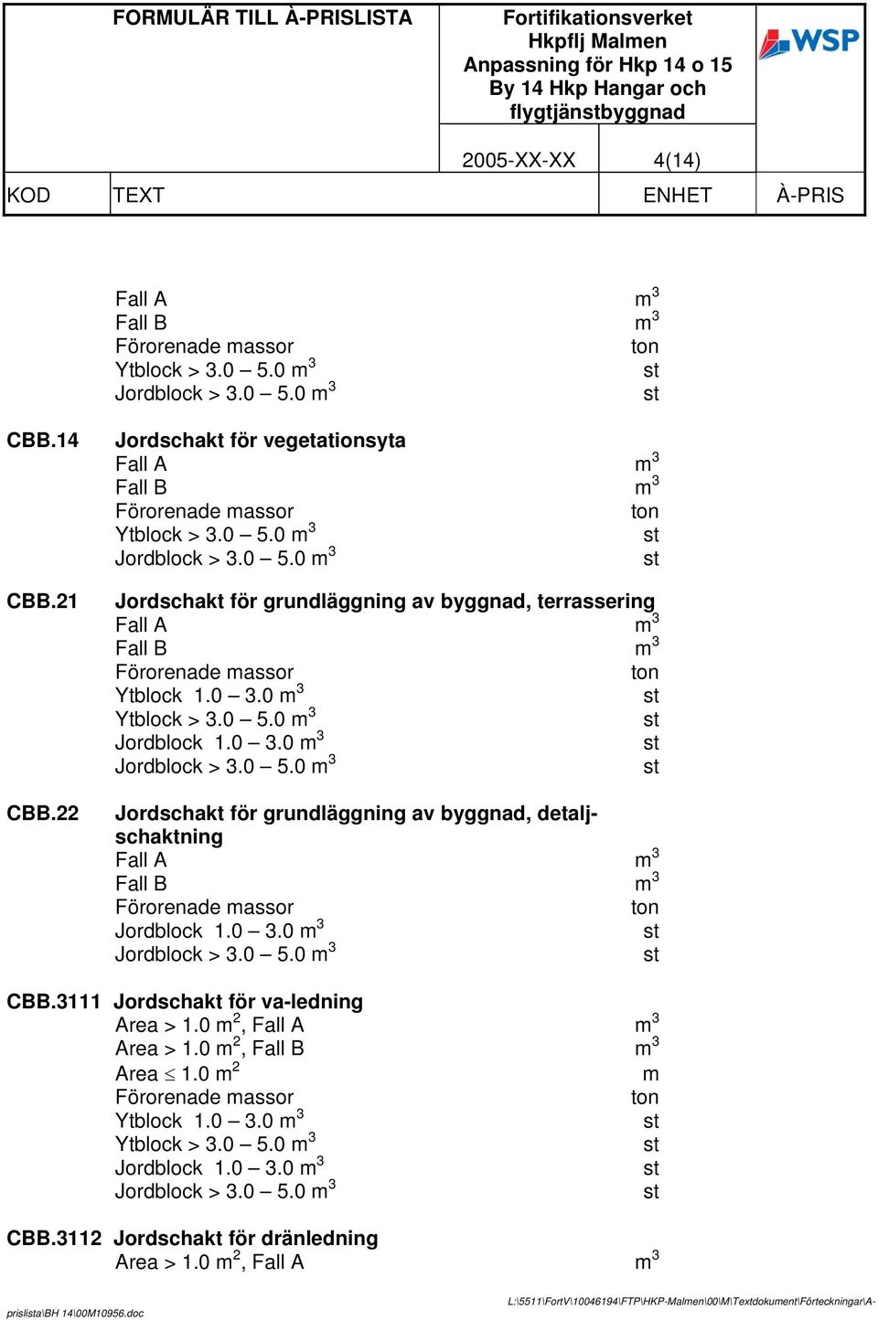 3111 Jordschakt för va-ledning Area > 1.0 2, Area > 1.0 2, Area 1.0 2 Förorenade assor Ytblock 1.0 3.0 3 Ytblock > 3.0 5.0 3 Jordblock 1.0 3.0 3 Jordblock > 3.0 5.0 3 CBB.