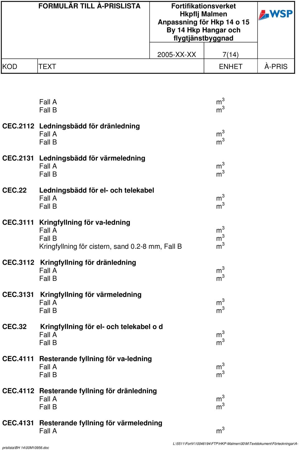 3112 Kringfyllning för dränledning CEC.3131 Kringfyllning för väreledning CEC.32 Kringfyllning för el- och telekabel o d CEC.