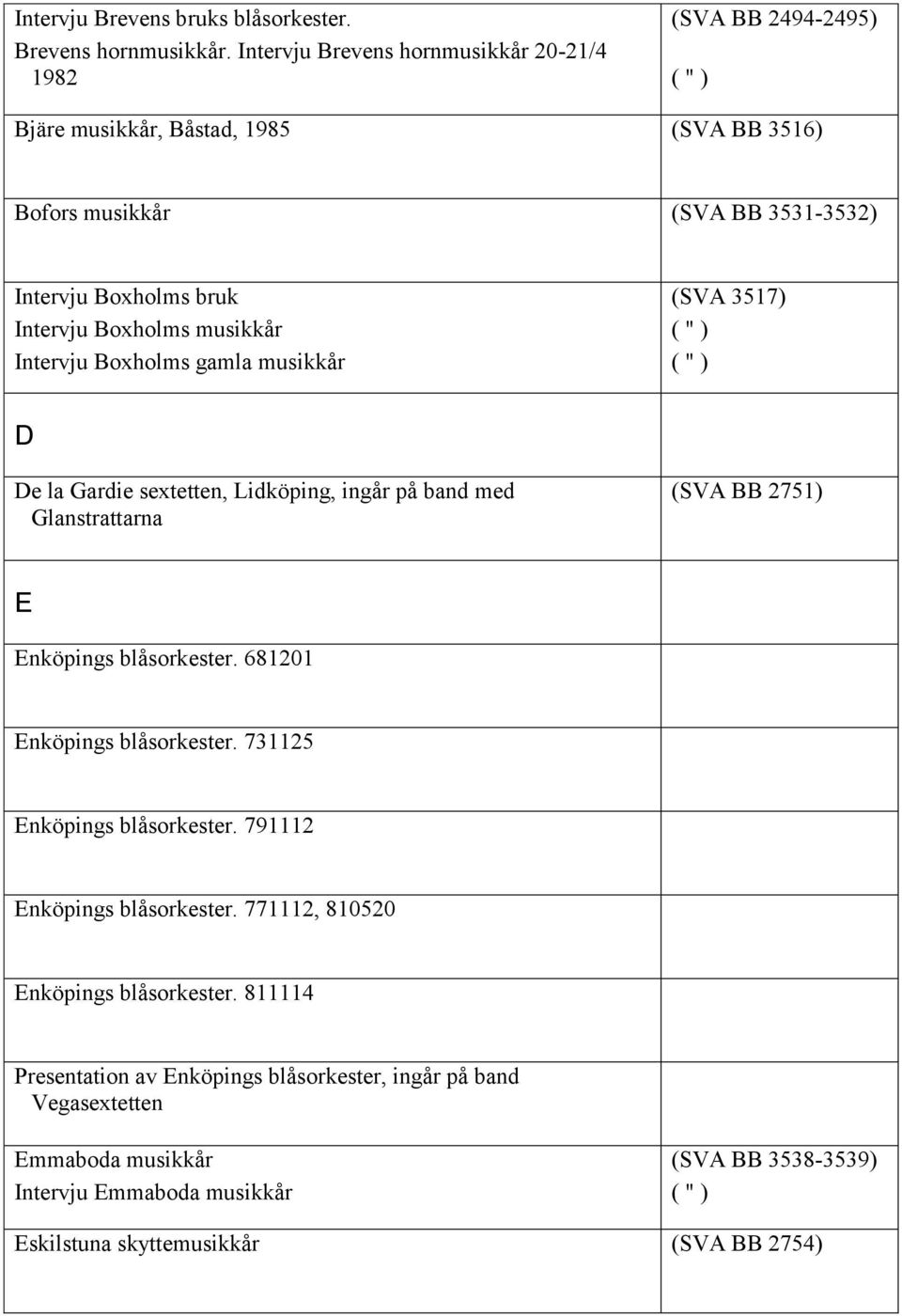 Boxholms musikkår Intervju Boxholms gamla musikkår (SVA 3517) D De la Gardie sextetten, Lidköping, ingår på band med Glanstrattarna (SVA BB 2751) E Enköpings blåsorkester.
