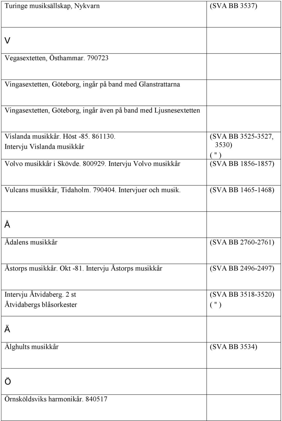 (SVA BB 3525-3527, Intervju Vislanda musikkår 3530) Volvo musikkår i Skövde. 800929. Intervju Volvo musikkår (SVA BB 1856-1857) Vulcans musikkår, Tidaholm. 790404.