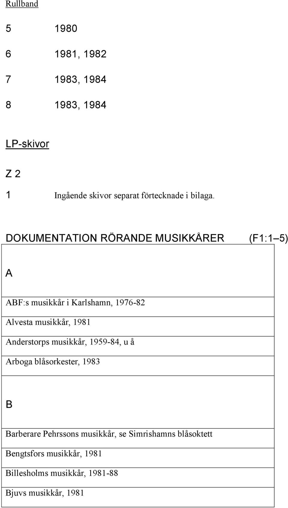 DOKUMENTATION RÖRANDE MUSIKKÅRER (F1:1 5) A ABF:s musikkår i Karlshamn, 1976-82 Alvesta musikkår, 1981