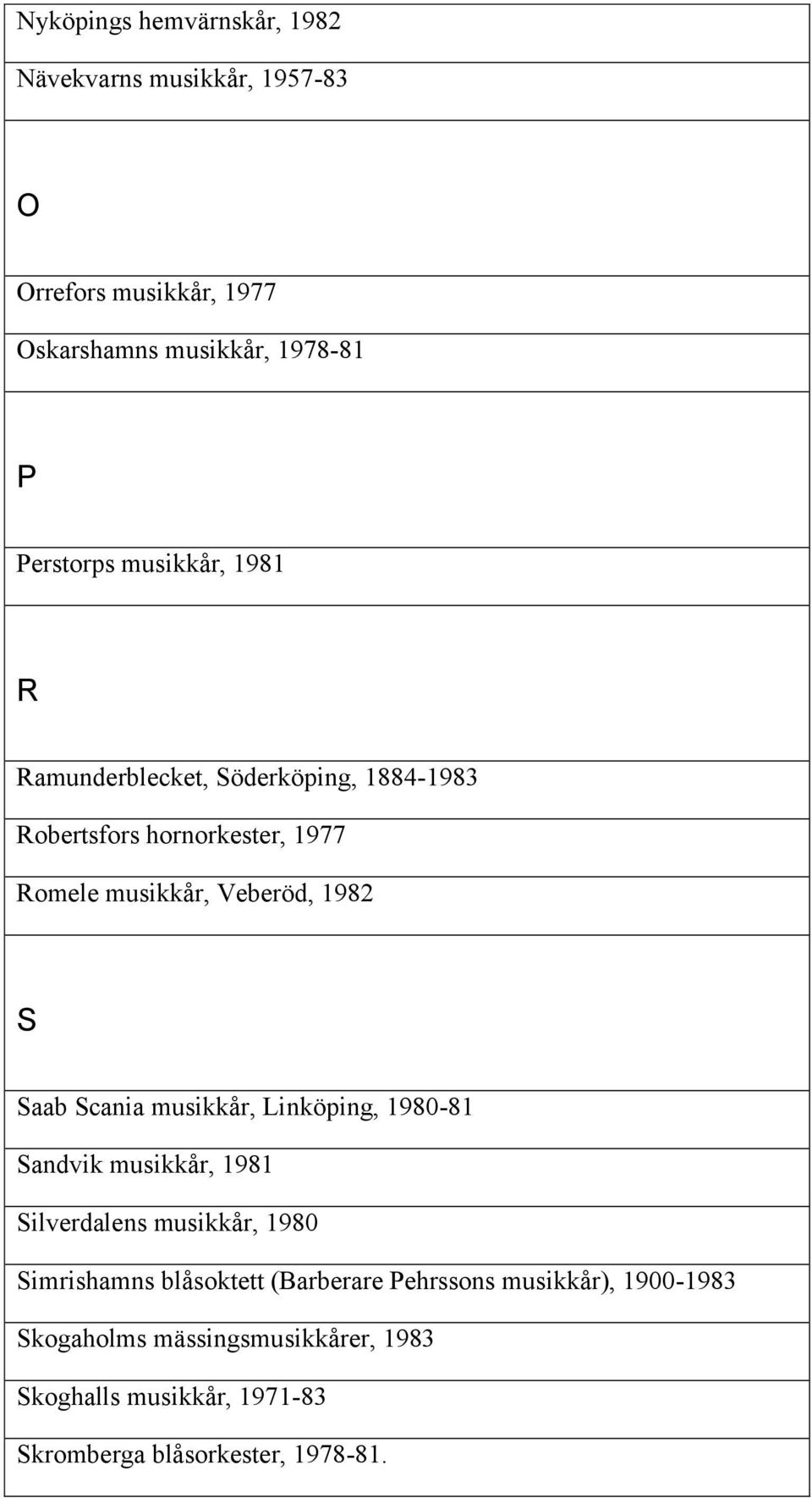 Saab Scania musikkår, Linköping, 1980-81 Sandvik musikkår, 1981 Silverdalens musikkår, 1980 Simrishamns blåsoktett