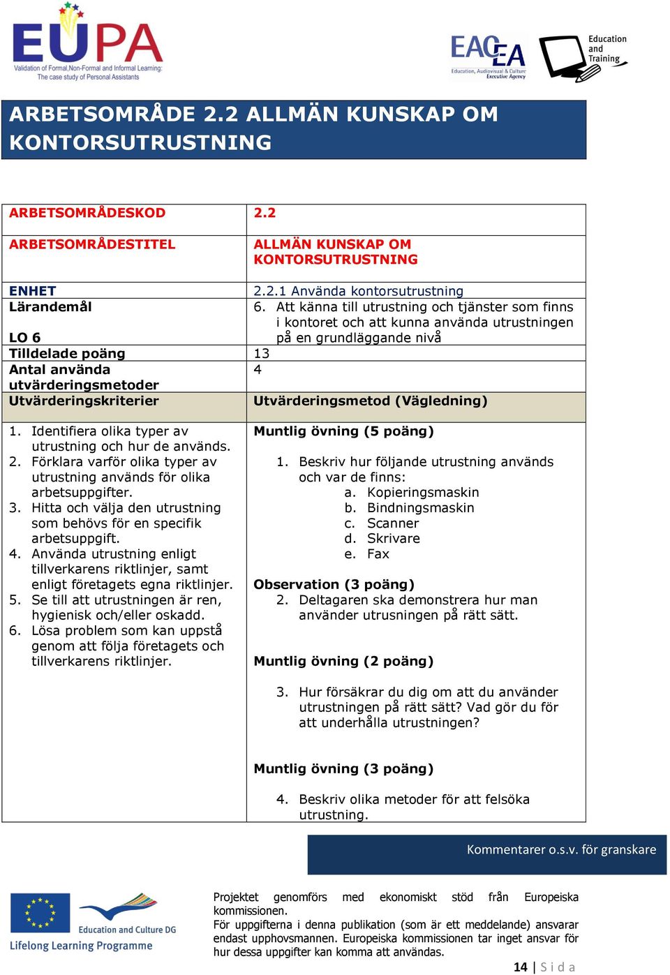 Utvärderingskriterier Utvärderingsmetod (Vägledning) 1. Identifiera olika typer av utrustning och hur de används. 2. Förklara varför olika typer av utrustning används för olika arbetsuppgifter. 3.