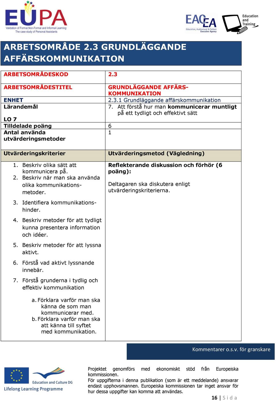 2. Beskriv när man ska använda olika kommunikationsmetoder. Utvärderingsmetod (Vägledning) Reflekterande diskussion och förhör (6 poäng): Deltagaren ska diskutera enligt utvärderingskriterierna. 3.