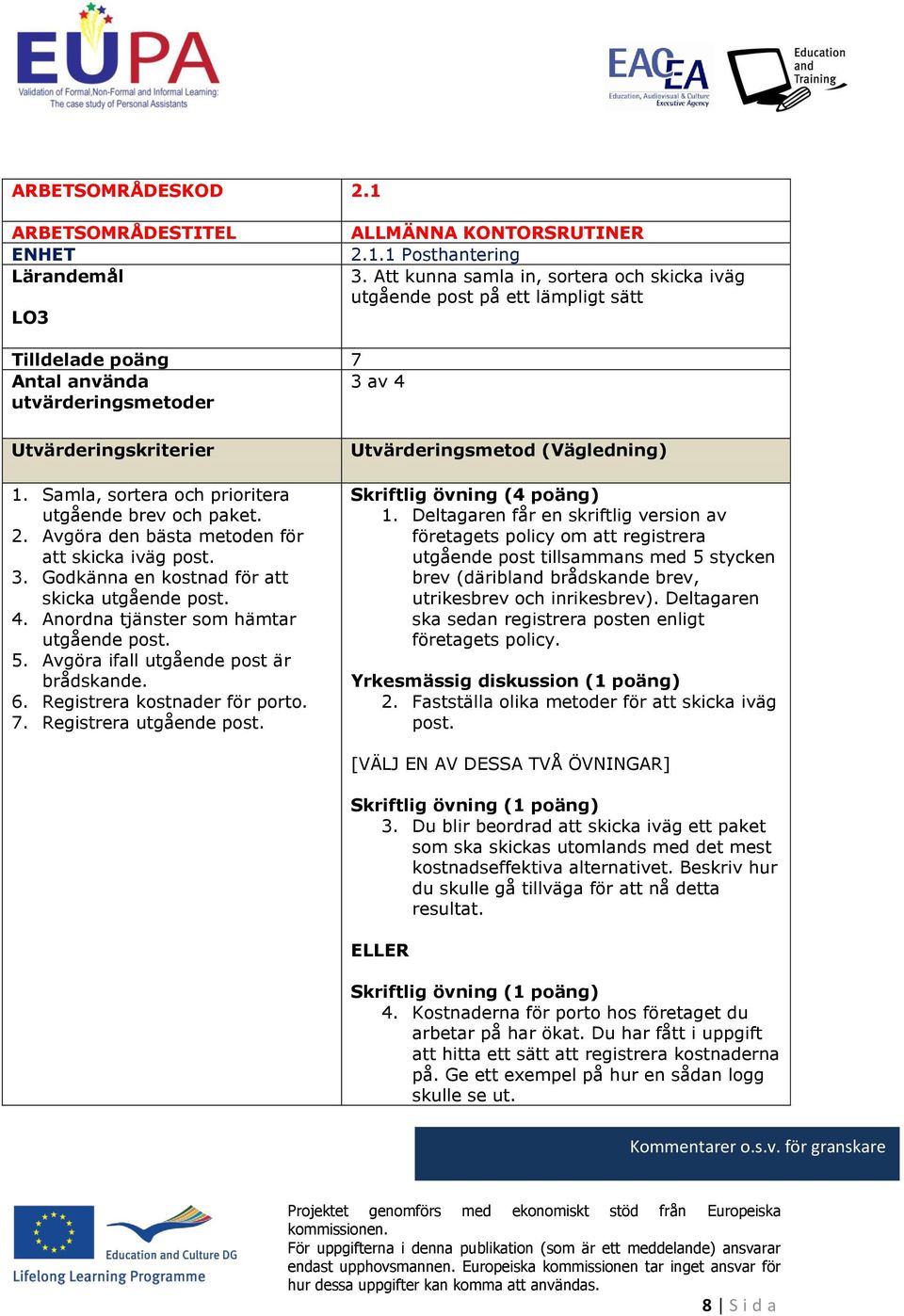 Samla, sortera och prioritera utgående brev och paket. 2. Avgöra den bästa metoden för att skicka iväg post. 3. Godkänna en kostnad för att skicka utgående post. 4.