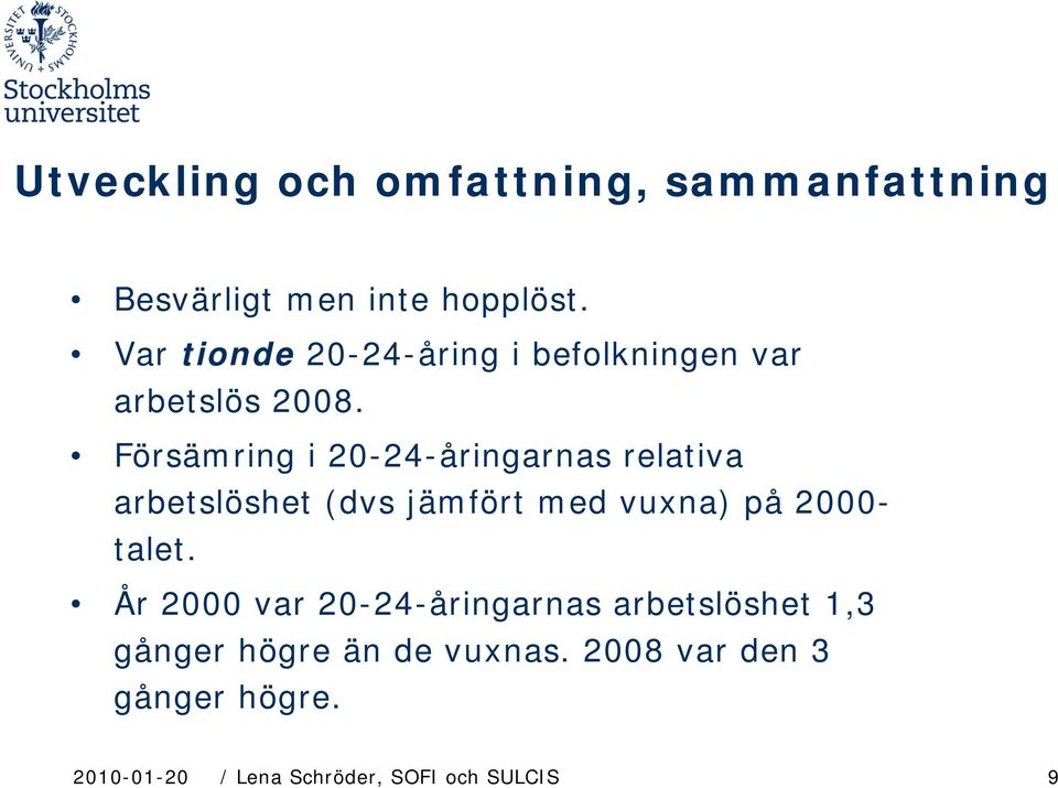 Försämring i 20-24-åringarnas relativa arbetslöshet (dvs jämfört med vuxna) på 2000- talet.