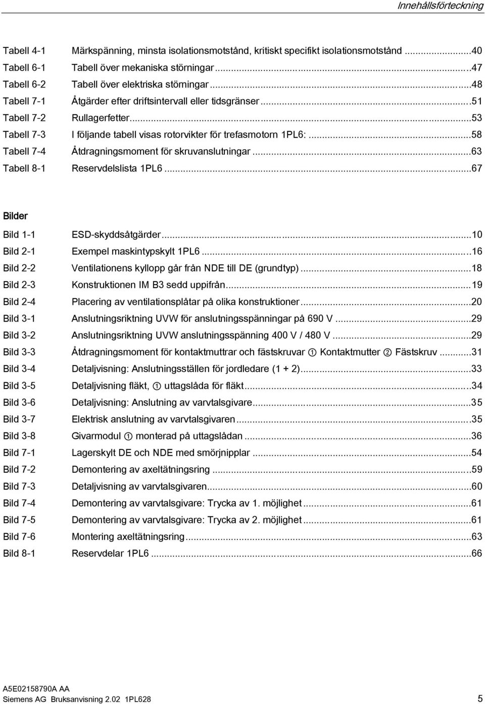 ..53 Tabell 7-3 I följande tabell visas rotorvikter för trefasmotorn 1PL6:...58 Tabell 7-4 Åtdragningsmoment för skruvanslutningar...63 Tabell 8-1 Reservdelslista 1PL6.