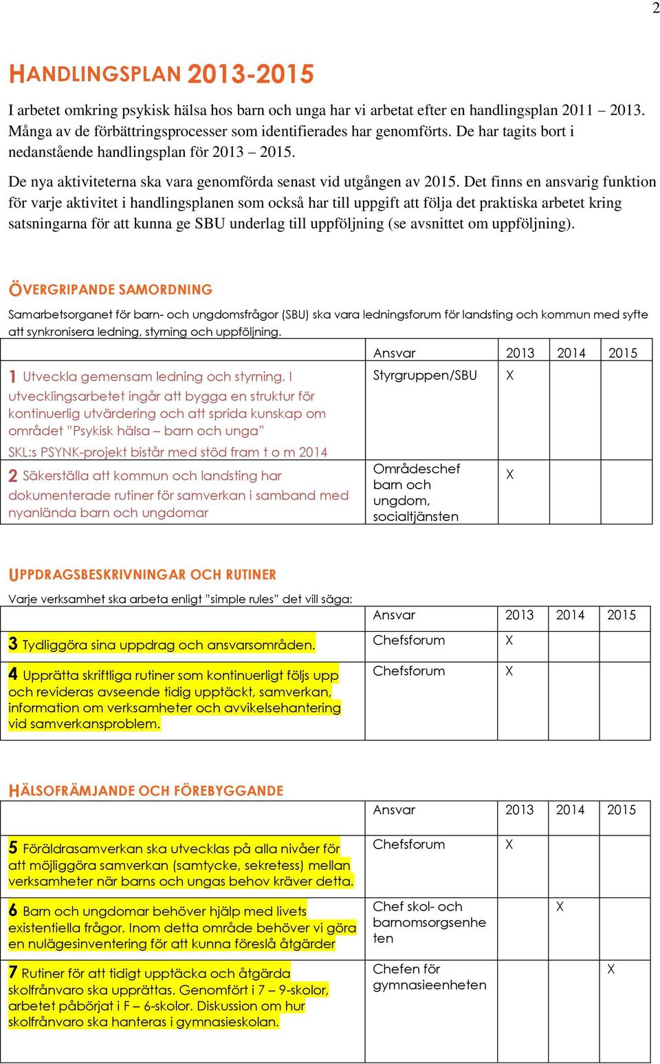 Det finns en ansvarig funktion för varje aktivitet i handlingsplanen som också har till uppgift att följa det praktiska arbetet kring satsningarna för att kunna ge SBU underlag till uppföljning (se