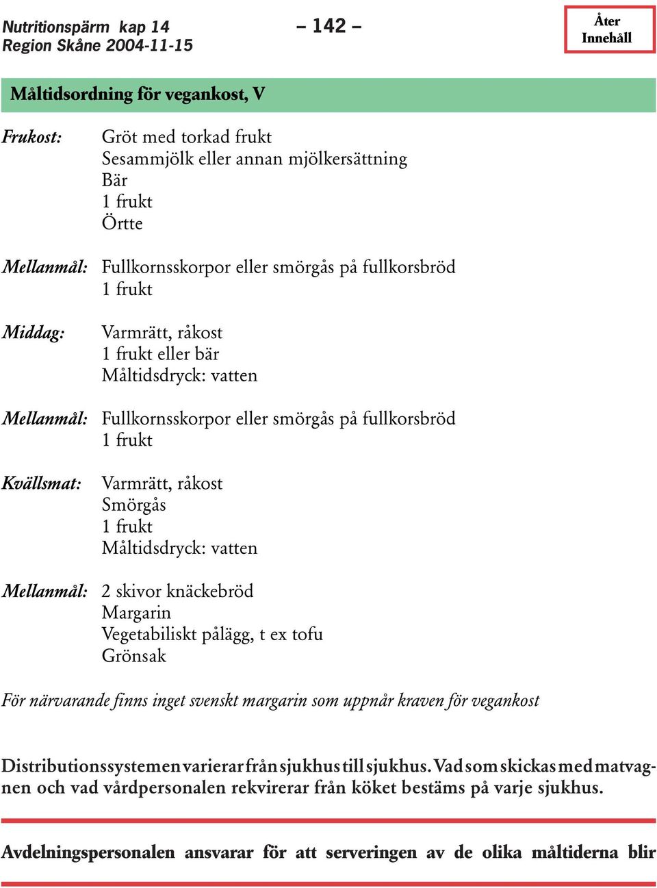 Mellanmål: 2 skivor knäckebröd Margarin Vegetabiliskt pålägg, t ex tofu Grönsak För närvarande finns inget svenskt margarin som uppnår kraven för vegankost Distributionssystemen varierar