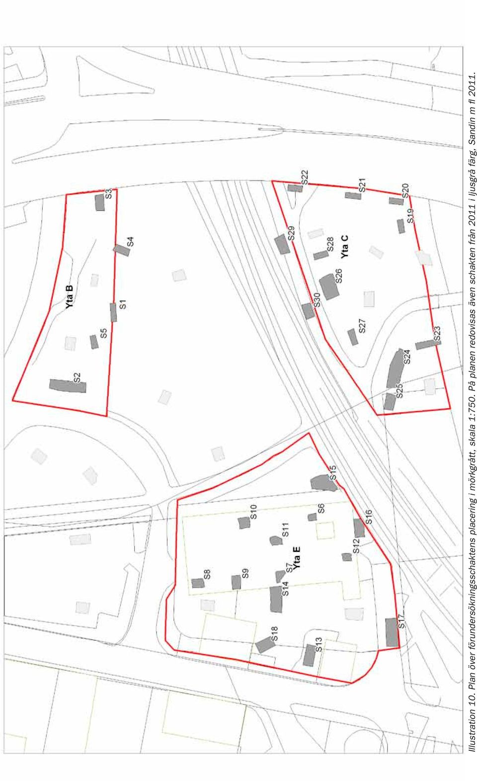 placering i mörkgrått, skala 1:750.