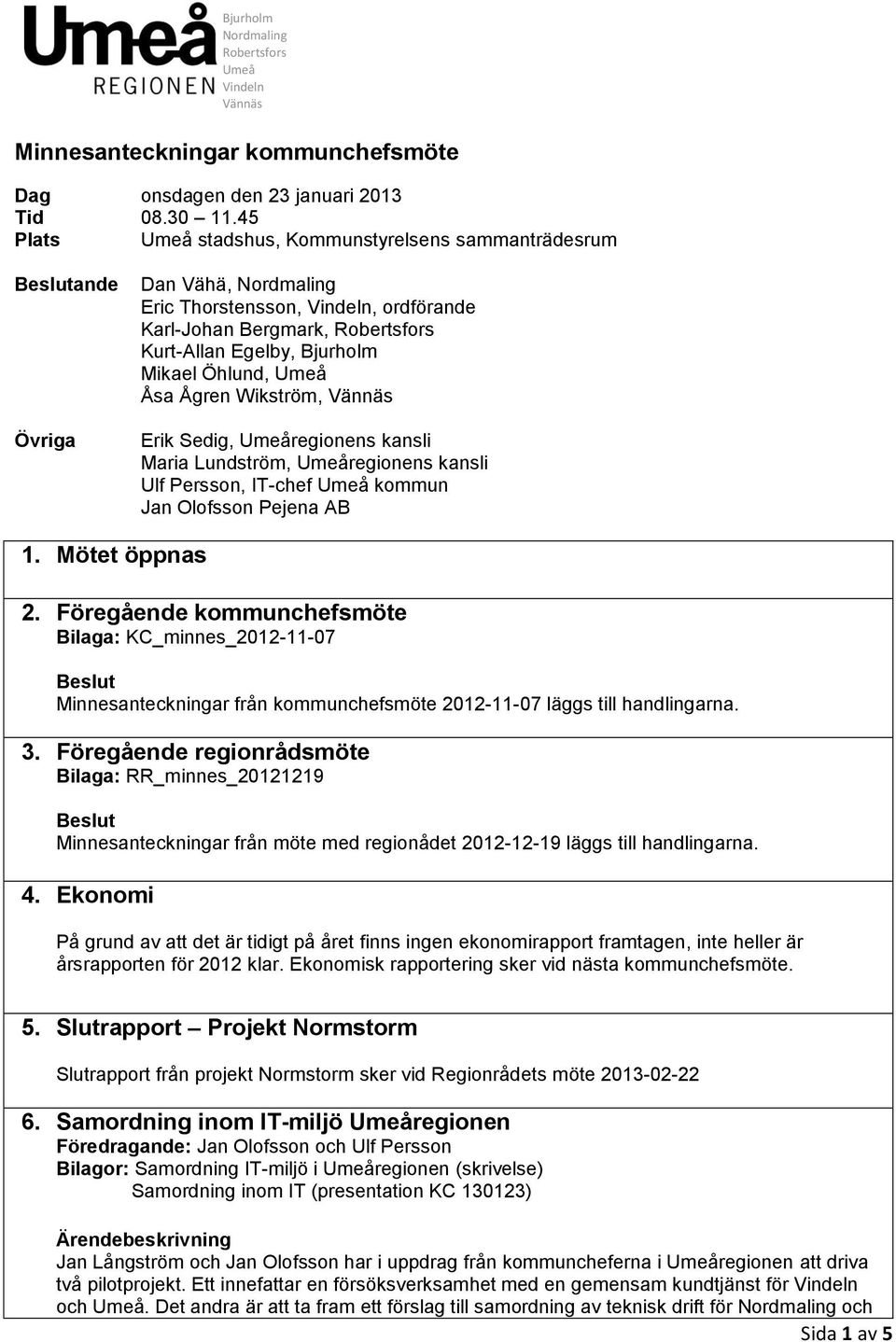Öhlund, Umeå Åsa Ågren Wikström, Vännäs Erik Sedig, Umeåregionens kansli Maria Lundström, Umeåregionens kansli Ulf Persson, IT-chef Umeå kommun Jan Olofsson Pejena AB 1. Mötet öppnas 2.