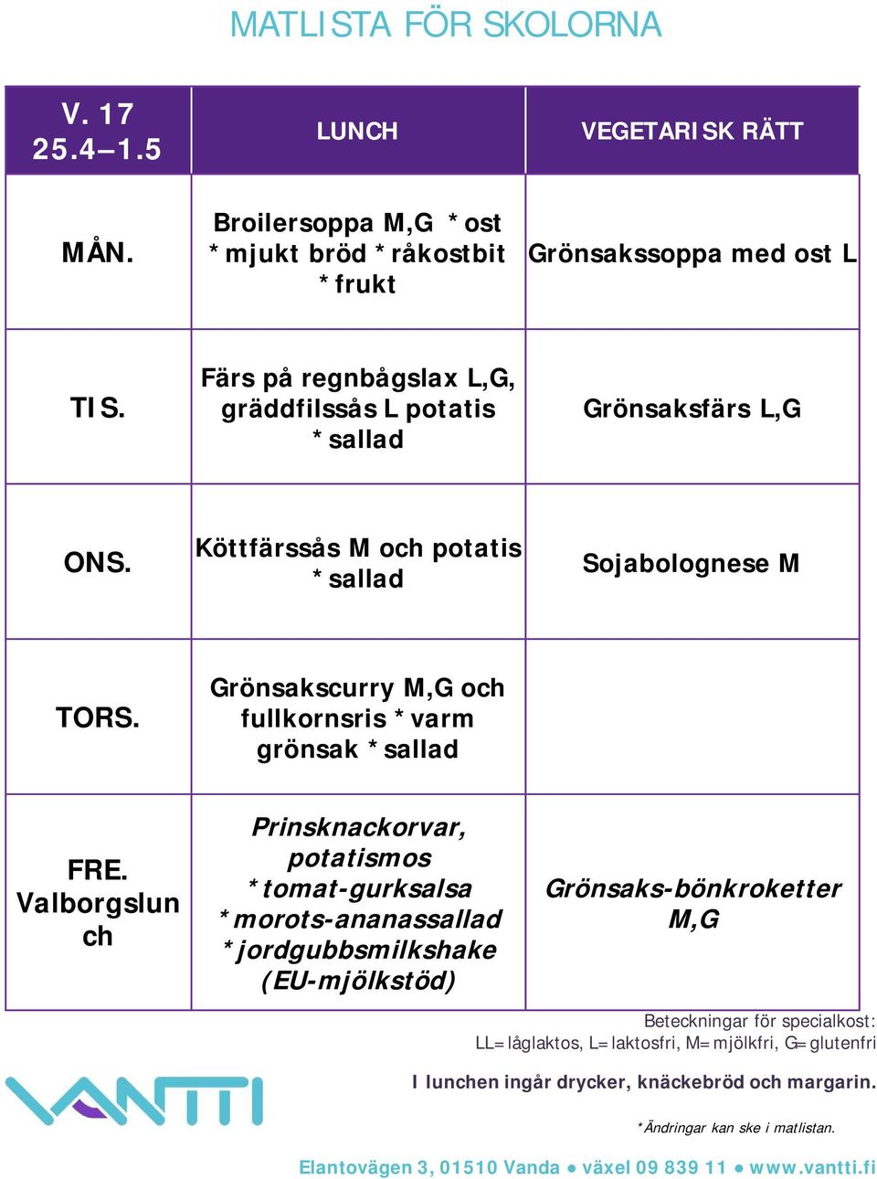 gräddfilssås L potatis Grönsaksfärs L,G Köttfärssås M och potatis Sojabolognese M Grönsakscurry