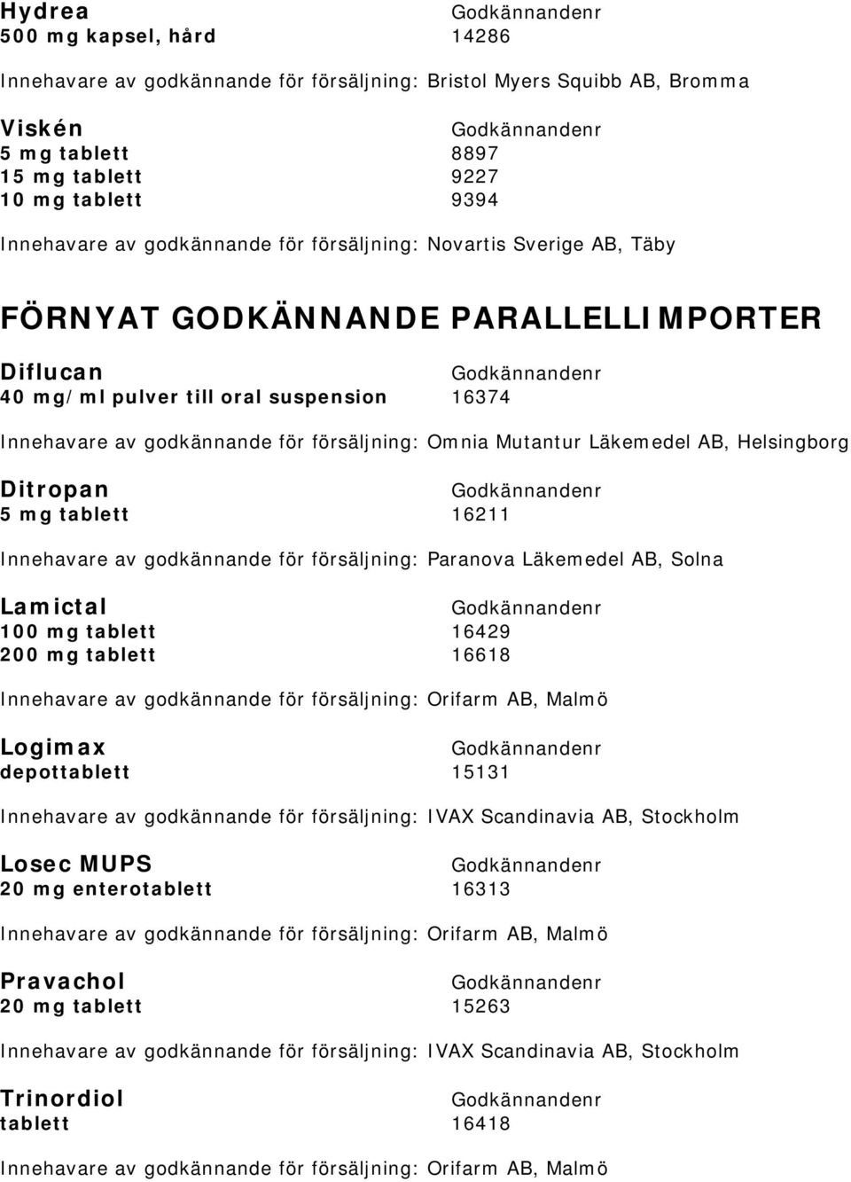 Läkemedel AB, Helsingborg Ditropan 5 mg tablett 16211 Innehavare av godkännande för försäljning: Paranova Läkemedel AB, Solna Lamictal 100 mg tablett 16429 200 mg tablett 16618 Logimax depottablett