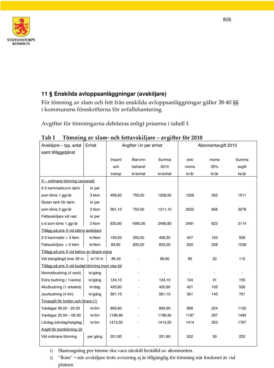 Tab I Tömning av slam- fettavskiljare avgifter för 2010 Avskiljare typ, antal samt tilläggstjänst Enhet Avgifter i enhet Abonnentavgift 2010 2010 avgift kr/enhet kr/enhet ks/ X ordinarie tömning