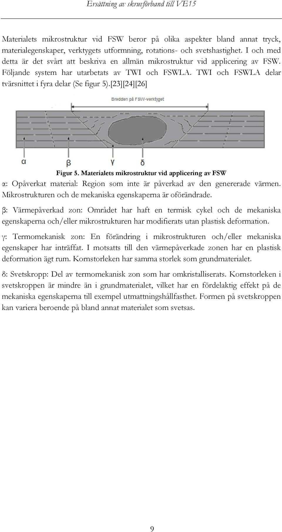 [23][24][26] Figur 5. Materialets mikrostruktur vid applicering av FSW α: Opåverkat material: Region som inte är påverkad av den genererade värmen.