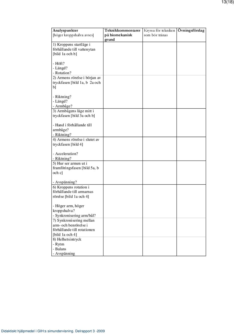 3) Armbågens läge mitt i tryckfasen [bild 3a och b] - Hand i förhållande till armbåge? - Riktning? 4) Armens rörelse i slutet av tryckfasen [bild 4] - Acceleration? - Riktning? 5) Hur ser armen ut i framföringsfasen [bild 5a, b och c] - Avspänning?