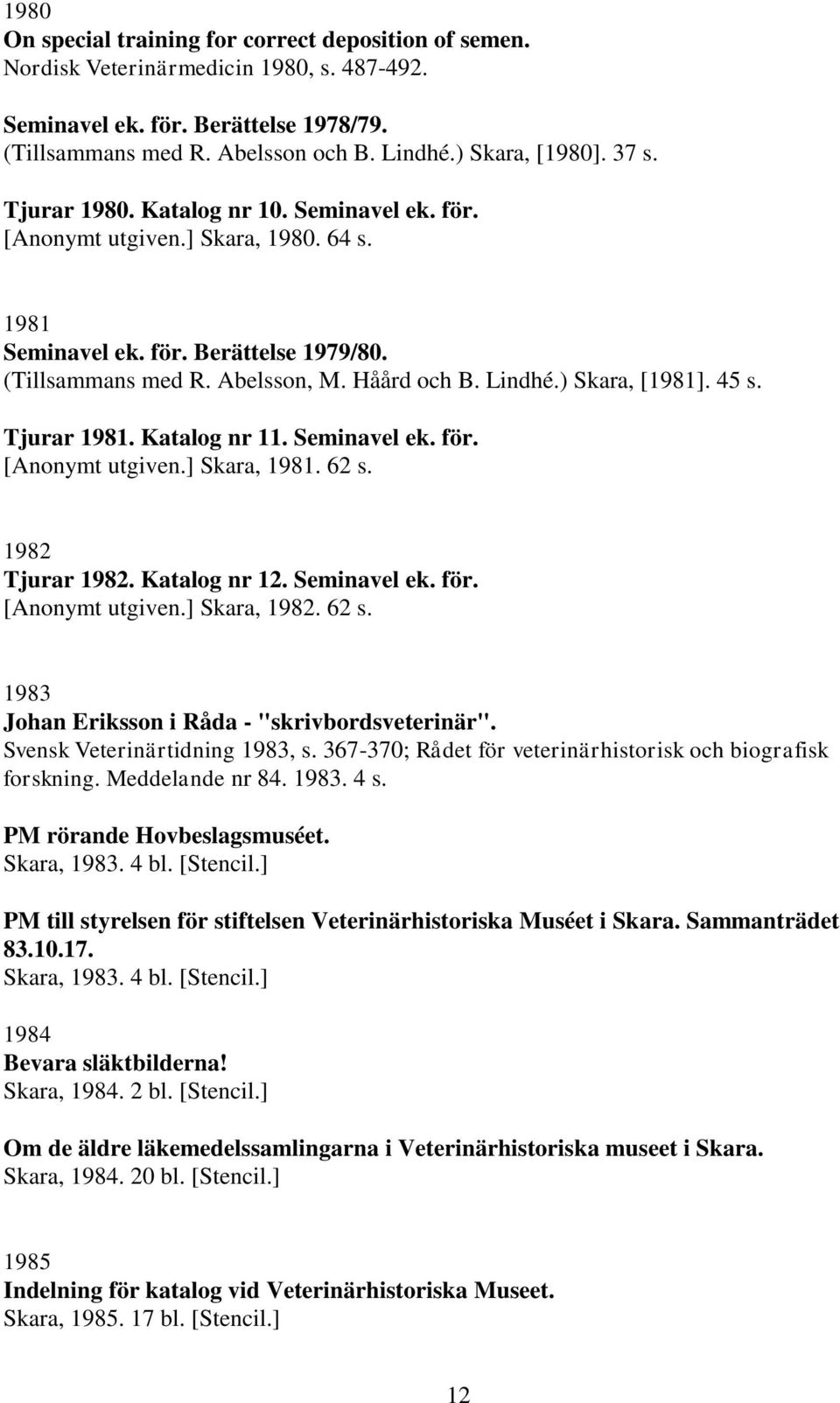 ) Skara, [1981]. 45 s. Tjurar 1981. Katalog nr 11. Seminavel ek. för. [Anonymt utgiven.] Skara, 1981. 62 s. 1982 Tjurar 1982. Katalog nr 12. Seminavel ek. för. [Anonymt utgiven.] Skara, 1982. 62 s. 1983 Johan Eriksson i Råda - "skrivbordsveterinär".